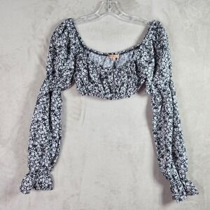 Bailey Rose Crop Top Womens XS Black Floral Long Sleeve Smocked Boho Cottagecore